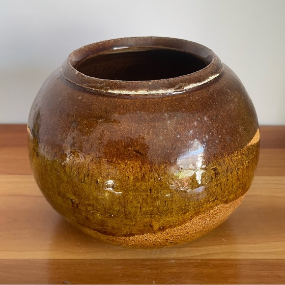 Hand Made Indoor Planter Flower Pot Brown Drip Glaze Studio Pottery MCM - Picture 2 of 12